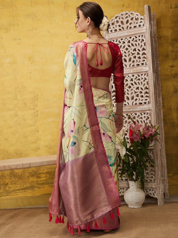 Multicolor Kanjeevaram Silk Digital Print Floral Saree with Unstitched Blouse - Hiral Fashion | Grocsy