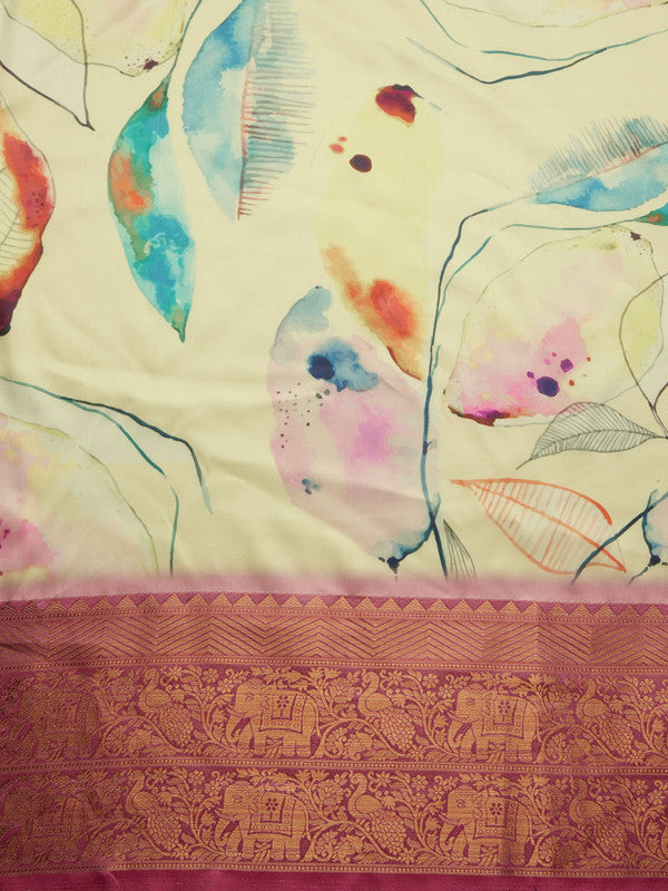 Multicolor Kanjeevaram Silk Digital Print Floral Saree with Unstitched Blouse - Hiral Fashion | Grocsy