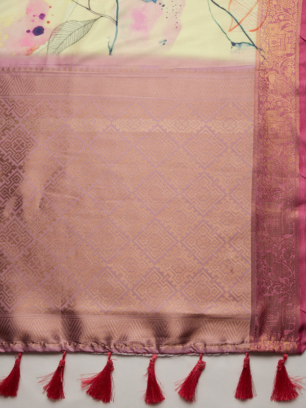 Multicolor Kanjeevaram Silk Digital Print Floral Saree with Unstitched Blouse - Hiral Fashion | Grocsy