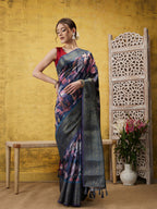 Navy Blue Kanjeevaram Silk Digital Print Floral Saree with Unstitched Blouse - Hiral Fashion | Grocsy