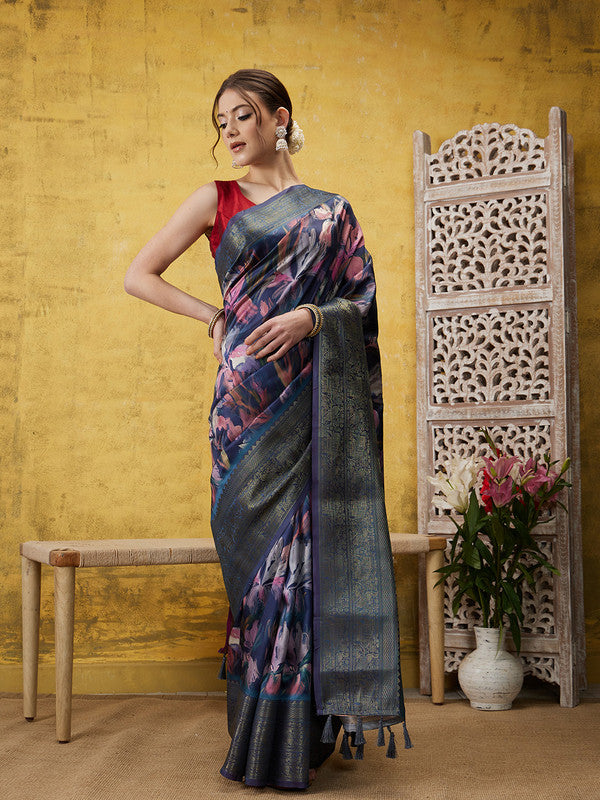 Navy Blue Kanjeevaram Silk Digital Print Floral Saree with Unstitched Blouse - Hiral Fashion | Grocsy