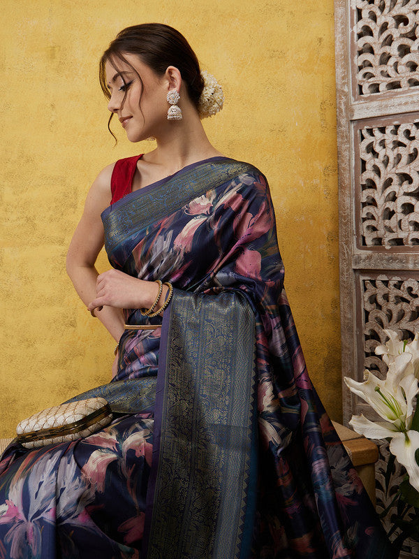 Navy Blue Kanjeevaram Silk Digital Print Floral Saree with Unstitched Blouse - Hiral Fashion | Grocsy