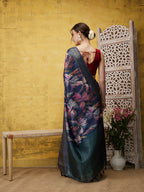 Navy Blue Kanjeevaram Silk Digital Print Floral Saree with Unstitched Blouse - Hiral Fashion | Grocsy