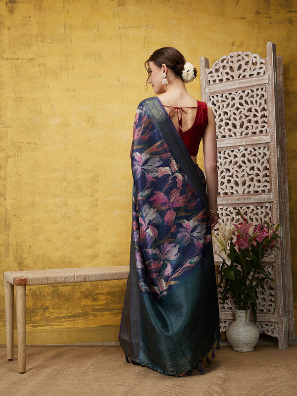 Navy Blue Kanjeevaram Silk Digital Print Floral Saree with Unstitched Blouse - Hiral Fashion | Grocsy
