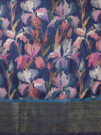 Navy Blue Kanjeevaram Silk Digital Print Floral Saree with Unstitched Blouse - Hiral Fashion | Grocsy