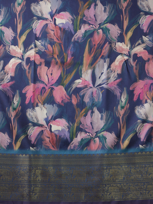 Navy Blue Kanjeevaram Silk Digital Print Floral Saree with Unstitched Blouse - Hiral Fashion | Grocsy