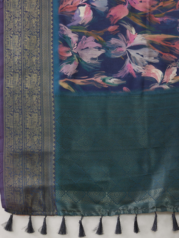 Navy Blue Kanjeevaram Silk Digital Print Floral Saree with Unstitched Blouse - Hiral Fashion | Grocsy