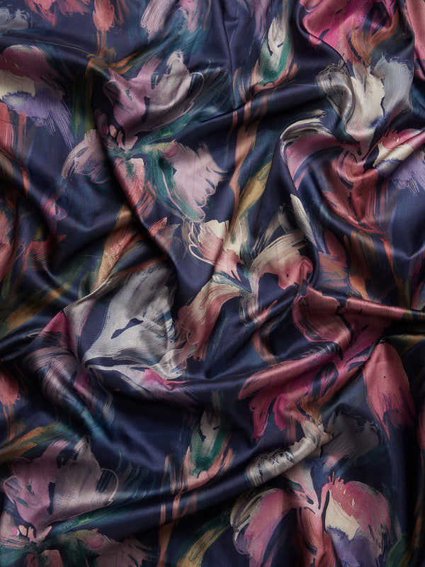 Navy Blue Kanjeevaram Silk Digital Print Floral Saree with Unstitched Blouse - Hiral Fashion | Grocsy