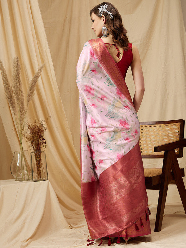 Pink Kanjeevaram Silk Digital Print Floral Saree with Unstitched Blouse - Hiral Fashion | Grocsy