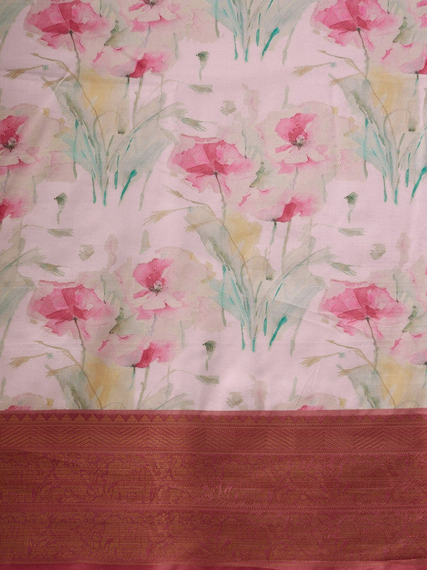 Pink Kanjeevaram Silk Digital Print Floral Saree with Unstitched Blouse - Hiral Fashion | Grocsy