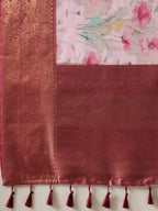 Pink Kanjeevaram Silk Digital Print Floral Saree with Unstitched Blouse - Hiral Fashion | Grocsy