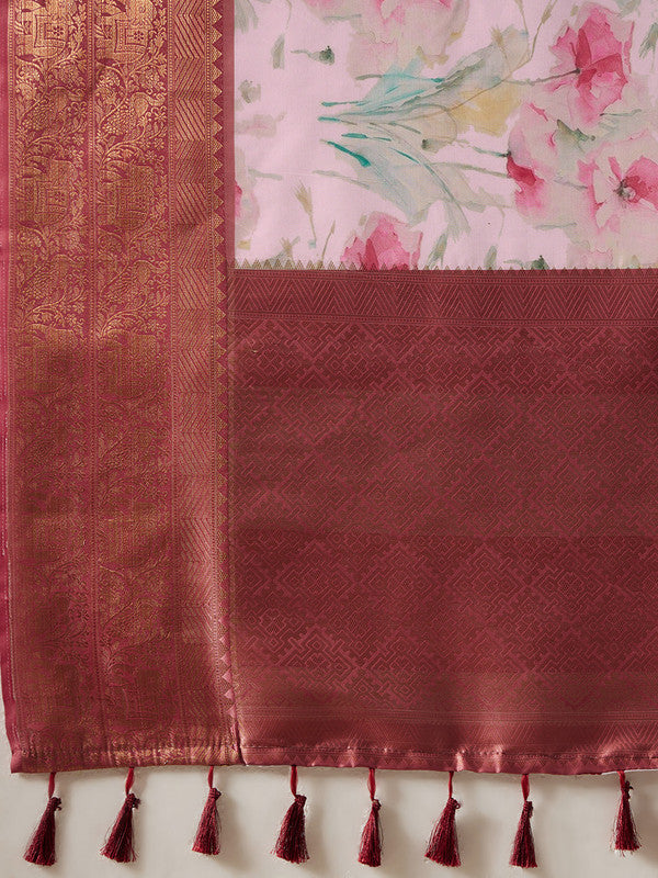 Pink Kanjeevaram Silk Digital Print Floral Saree with Unstitched Blouse - Hiral Fashion | Grocsy