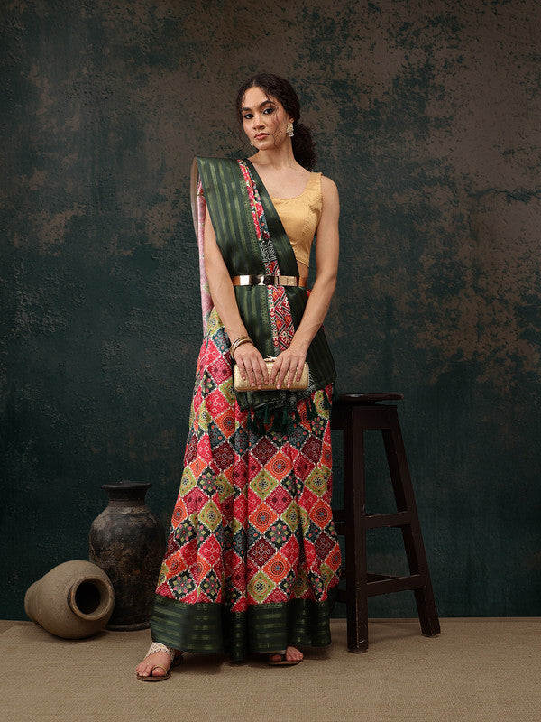 Multicolor Silk Blend Digital Print Bandhani Saree with Unstitched Blouse - Hiral Fashion | Grocsy