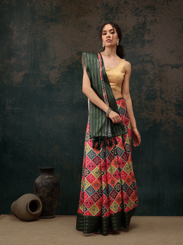Multicolor Silk Blend Digital Print Bandhani Saree with Unstitched Blouse - Hiral Fashion | Grocsy