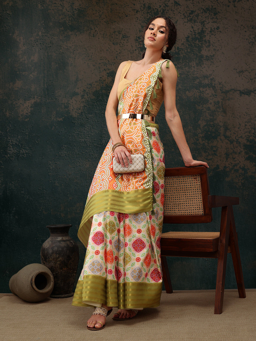 Multicolor Silk Blend Digital Print Bandhani Saree with Unstitched Blouse - Hiral Fashion | Grocsy