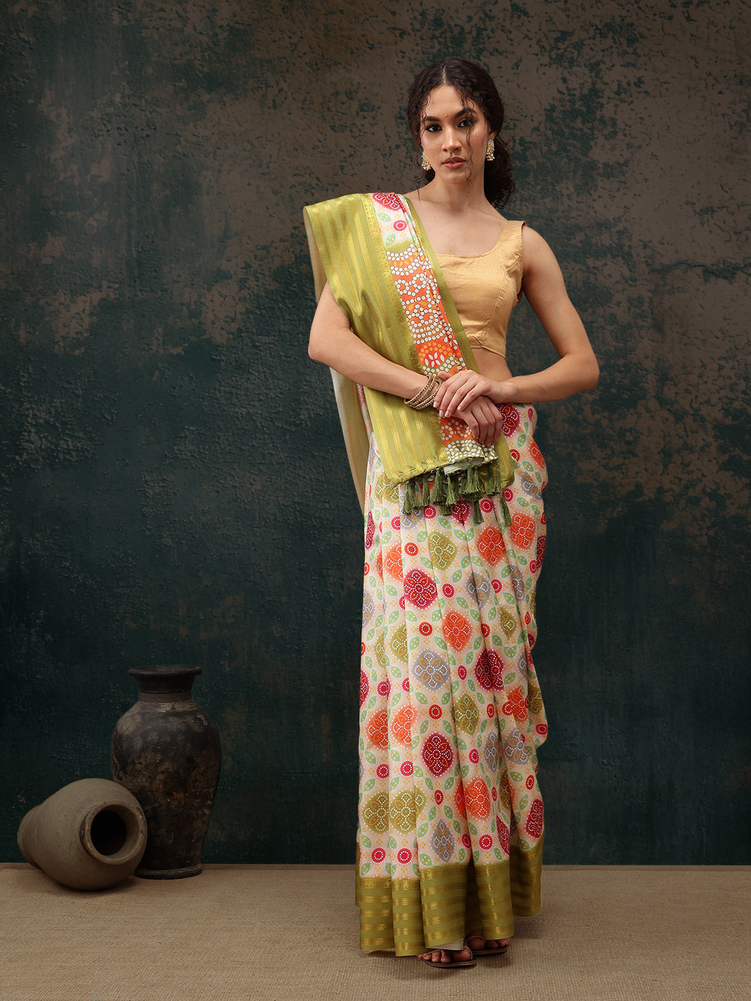 Multicolor Silk Blend Digital Print Bandhani Saree with Unstitched Blouse - Hiral Fashion | Grocsy