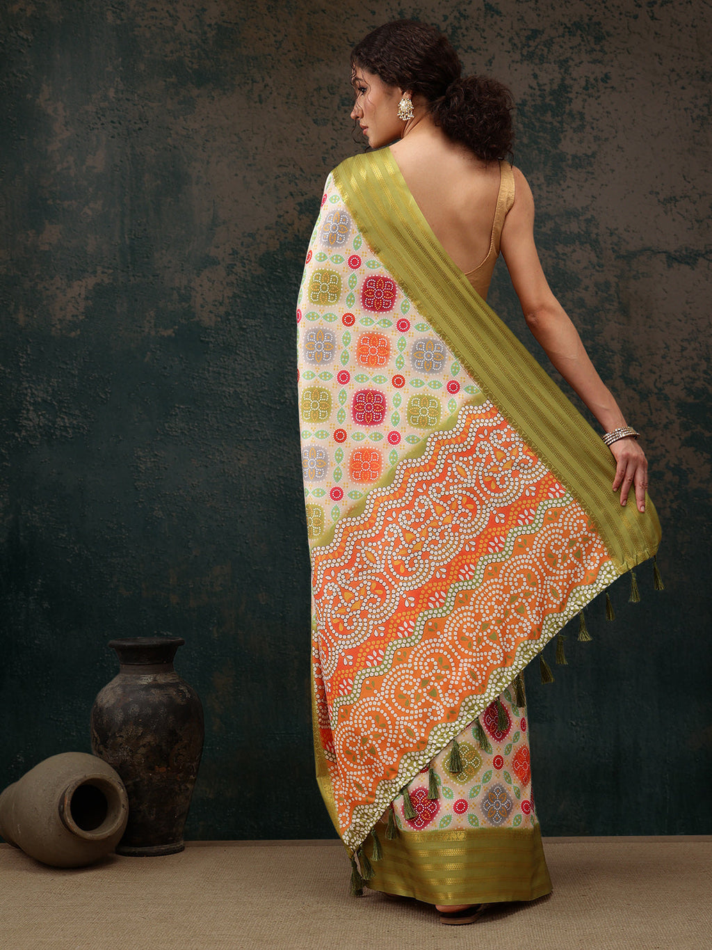 Multicolor Silk Blend Digital Print Bandhani Saree with Unstitched Blouse - Hiral Fashion | Grocsy
