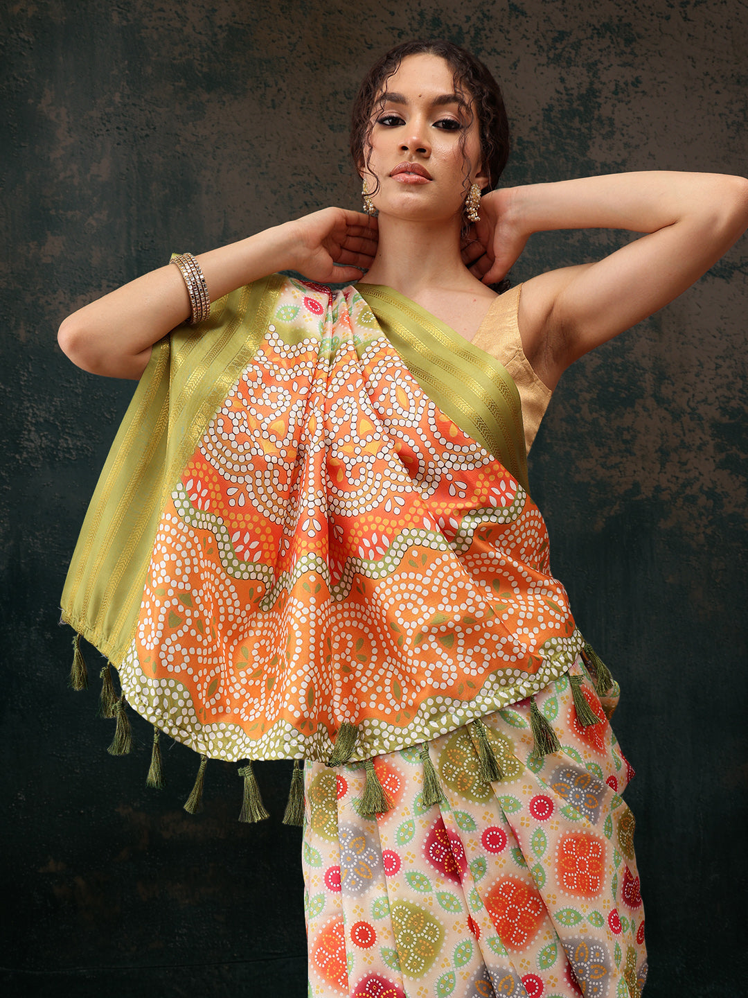 Multicolor Silk Blend Digital Print Bandhani Saree with Unstitched Blouse - Hiral Fashion | Grocsy