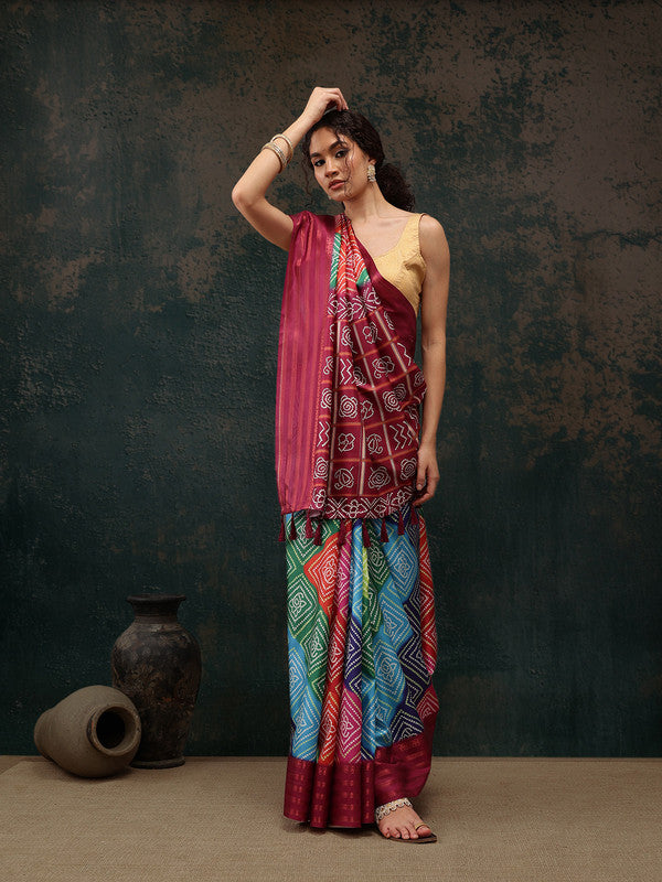 Multicolor Silk Blend Digital Print Bandhani Saree with Unstitched Blouse - Hiral Fashion | Grocsy