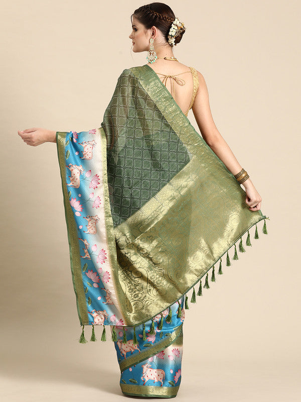 Green Kanjeevaram Silk Digital Print Geomatric Saree with Unstitched Blouse - Hiral Fashion | Grocsy