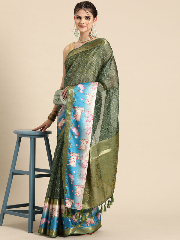 Green Kanjeevaram Silk Digital Print Geomatric Saree with Unstitched Blouse - Hiral Fashion | Grocsy