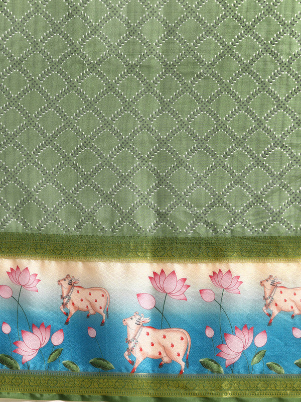 Green Kanjeevaram Silk Digital Print Geomatric Saree with Unstitched Blouse - Hiral Fashion | Grocsy