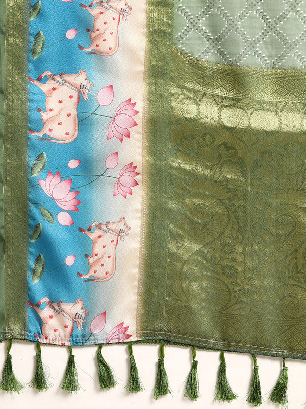 Green Kanjeevaram Silk Digital Print Geomatric Saree with Unstitched Blouse - Hiral Fashion | Grocsy