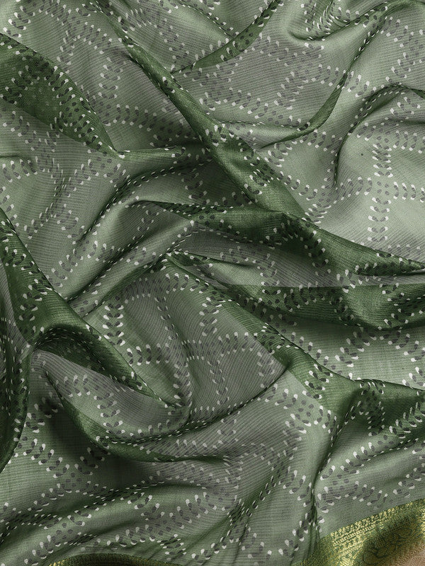 Green Kanjeevaram Silk Digital Print Geomatric Saree with Unstitched Blouse - Hiral Fashion | Grocsy