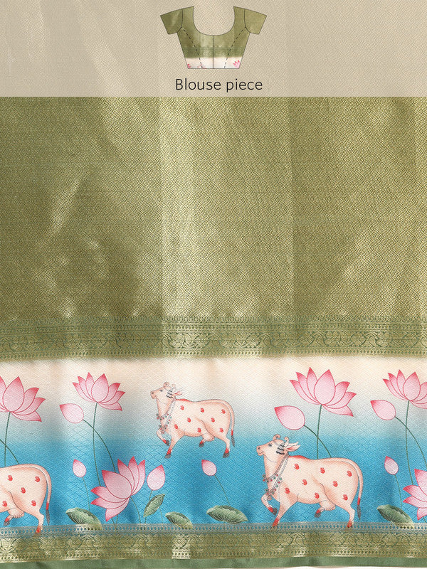 Green Kanjeevaram Silk Digital Print Geomatric Saree with Unstitched Blouse - Hiral Fashion | Grocsy