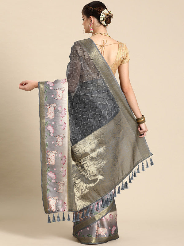Gray Kanjeevaram Silk Digital Print Geomatric Saree with Unstitched Blouse - Hiral Fashion | Grocsy
