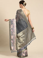 Gray Kanjeevaram Silk Digital Print Geomatric Saree with Unstitched Blouse - Hiral Fashion | Grocsy