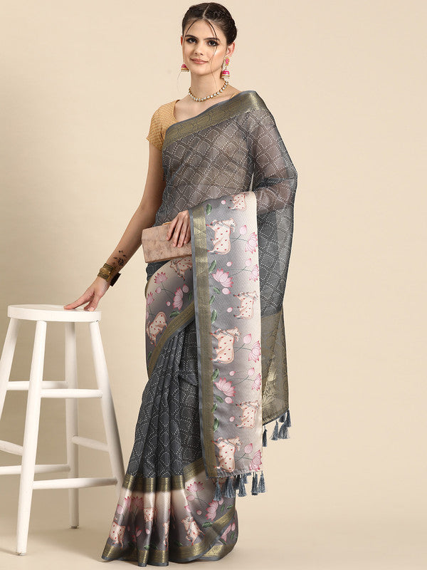 Gray Kanjeevaram Silk Digital Print Geomatric Saree with Unstitched Blouse - Hiral Fashion | Grocsy