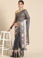 Gray Kanjeevaram Silk Digital Print Geomatric Saree with Unstitched Blouse - Hiral Fashion | Grocsy
