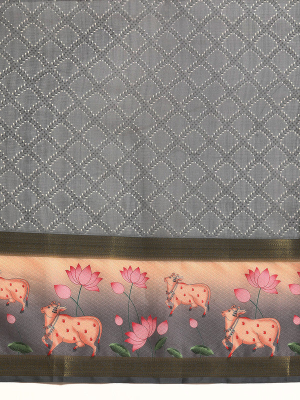 Gray Kanjeevaram Silk Digital Print Geomatric Saree with Unstitched Blouse - Hiral Fashion | Grocsy