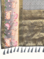 Gray Kanjeevaram Silk Digital Print Geomatric Saree with Unstitched Blouse - Hiral Fashion | Grocsy