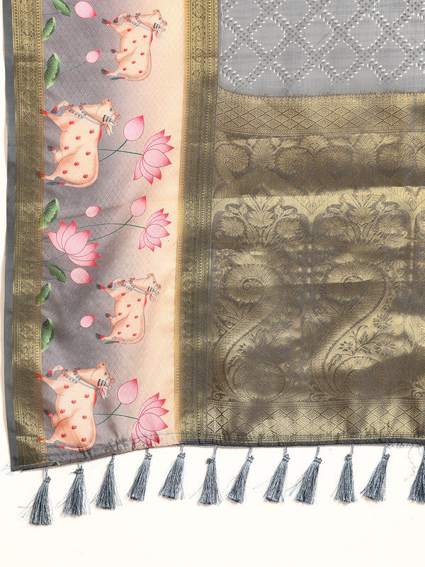 Gray Kanjeevaram Silk Digital Print Geomatric Saree with Unstitched Blouse - Hiral Fashion | Grocsy