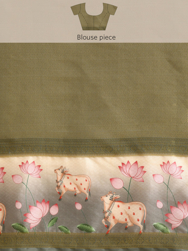 Gray Kanjeevaram Silk Digital Print Geomatric Saree with Unstitched Blouse - Hiral Fashion | Grocsy
