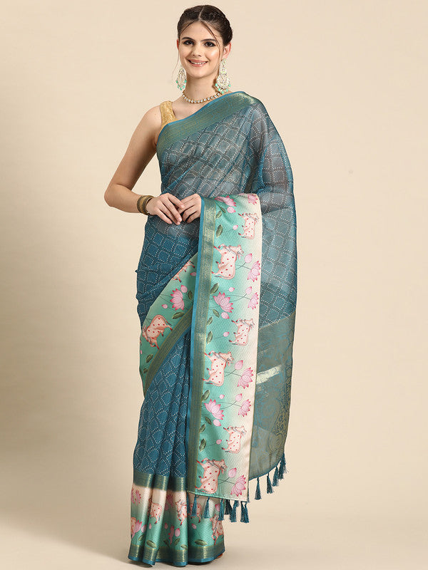 Turquoise Kanjeevaram Silk Digital Print Geomatric Saree with Unstitched Blouse - Hiral Fashion | Grocsy