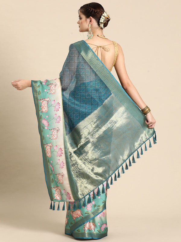 Turquoise Kanjeevaram Silk Digital Print Geomatric Saree with Unstitched Blouse - Hiral Fashion | Grocsy