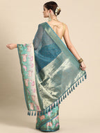 Turquoise Kanjeevaram Silk Digital Print Geomatric Saree with Unstitched Blouse - Hiral Fashion | Grocsy