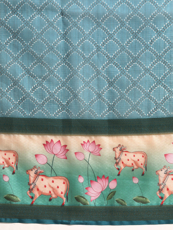 Turquoise Kanjeevaram Silk Digital Print Geomatric Saree with Unstitched Blouse - Hiral Fashion | Grocsy