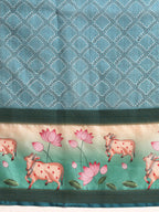 Turquoise Kanjeevaram Silk Digital Print Geomatric Saree with Unstitched Blouse - Hiral Fashion | Grocsy