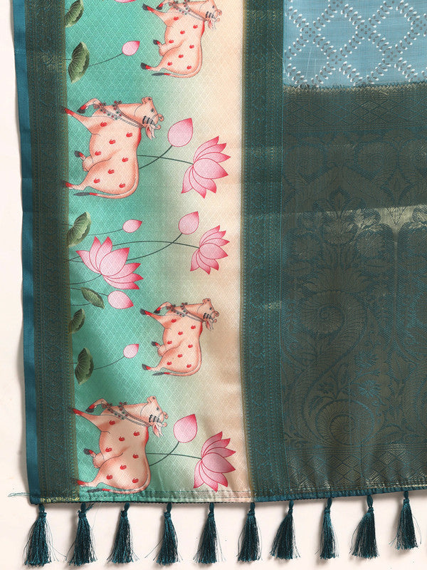 Turquoise Kanjeevaram Silk Digital Print Geomatric Saree with Unstitched Blouse - Hiral Fashion | Grocsy