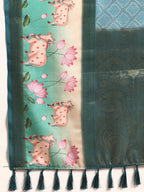 Turquoise Kanjeevaram Silk Digital Print Geomatric Saree with Unstitched Blouse - Hiral Fashion | Grocsy