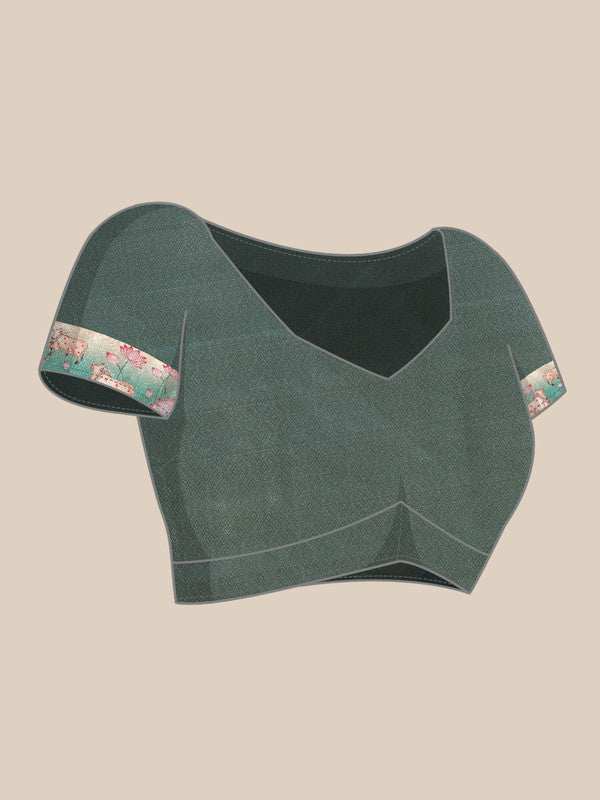 Turquoise Kanjeevaram Silk Digital Print Geomatric Saree with Unstitched Blouse - Hiral Fashion | Grocsy