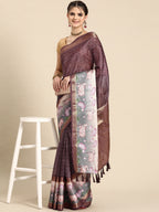 Purple Kanjeevaram Silk Digital Print Geomatric Saree with Unstitched Blouse - Hiral Fashion | Grocsy
