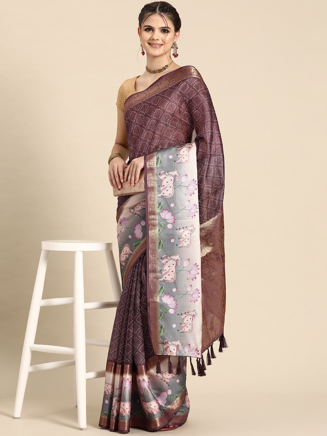 Purple Kanjeevaram Silk Digital Print Geomatric Saree with Unstitched Blouse - Hiral Fashion | Grocsy