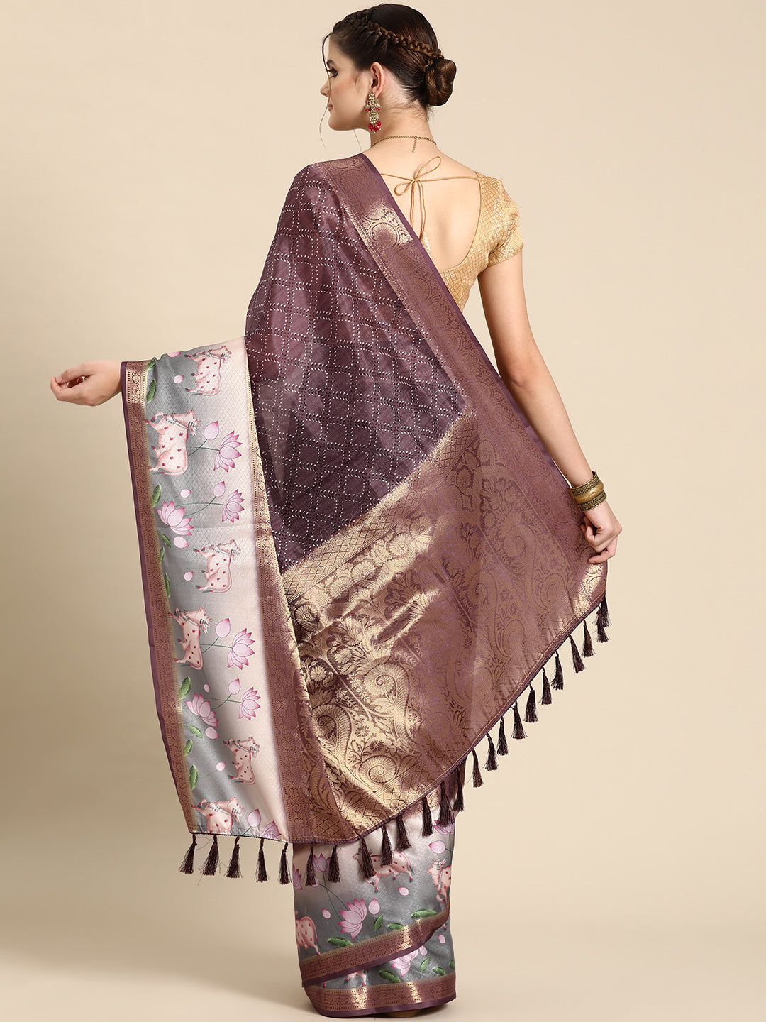 Purple Kanjeevaram Silk Digital Print Geomatric Saree with Unstitched Blouse - Hiral Fashion | Grocsy