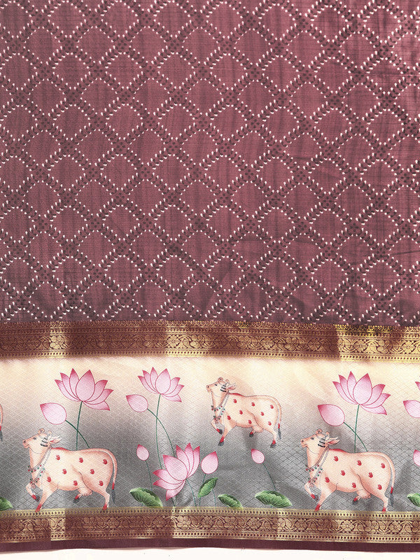 Purple Kanjeevaram Silk Digital Print Geomatric Saree with Unstitched Blouse - Hiral Fashion | Grocsy