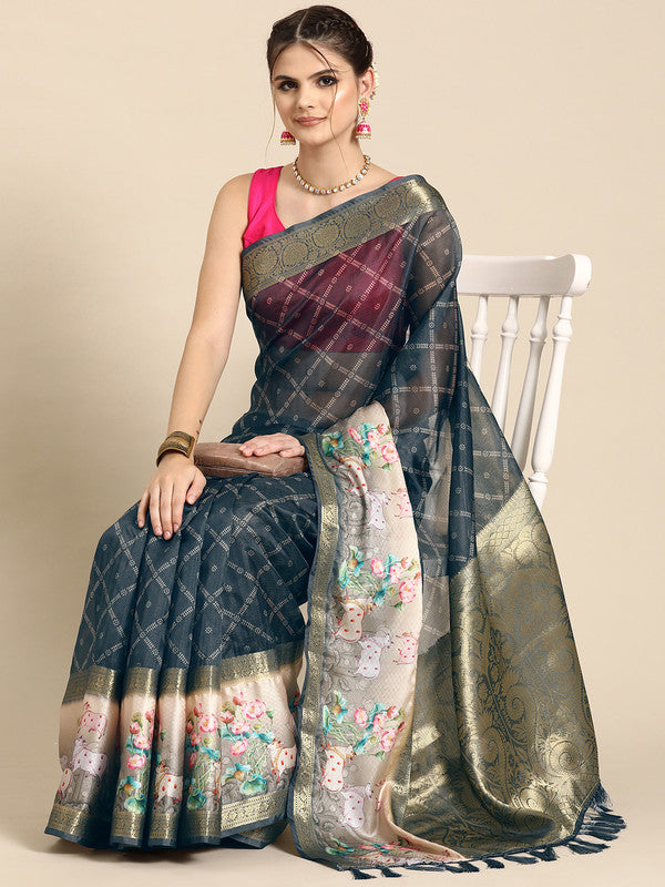 Gray Kanjeevaram Silk Digital Print Geomatric Saree with Unstitched Blouse - Hiral Fashion | Grocsy